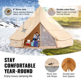 This beige 12-person glamping bell tent features a stove jack and mesh door for comfortable year-round use.