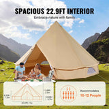 A spacious NatureScape Living Glamping Bell Tent in a mountain valley, with a family picnicking nearby, accommodates 10-12 people.