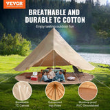 A tan NatureScape Living Bell Tent of breathable TC cotton, featuring galvanized poles and PVC groundsheet, set by a lake.