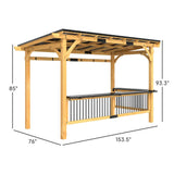 Natural wood 13x6 BBQ grill gazebo with a black metal roof, integrated serving counters, and railings.