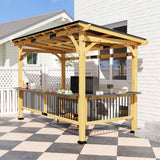 A 13 x 6 wooden BBQ grill gazebo by NatureScape Living features a black metal roof, a counter, and a grill on a patio.