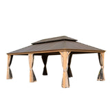 NatureScape Living's Hardtop Wood Pergola features a dark brown metal roof, tan frame, and tied-back beige curtains.