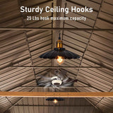Inside a NatureScape Living Hardtop Wood Pergola, showcasing its metal roof and sturdy ceiling hooks with a 25 Lbs maximum capacity for lights and a fan.