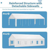 Heavy Duty Party Tent by NatureScape Living shown in two steps: first with its reinforced structure, then with detachable sidewalls added.