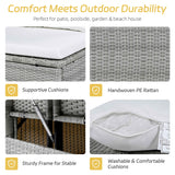 TOMAX L-shaped patio set close-ups: durable grey PE rattan, supportive white cushions, and sturdy frame for comfort and outdoor use.