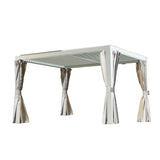 A white NatureScape Living louvered pergola with adjustable roof slats and tied-back beige privacy curtains.