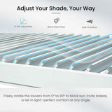 Close-up of a white NatureScape Living louvered pergola with 0-90° adjustable slats for sun, breeze, and light control.