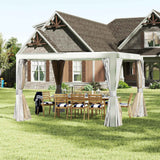 NatureScape Living's 10x12 FT white Louvered Pergola with curtains shades a wooden dining set with striped cushions.