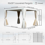 White 10x12 FT Louvered Pergola with adjustable roof louvers and flowing two-tone privacy curtains, plus dimension diagrams.