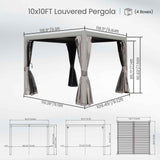 NatureScape Living's 10x10 FT grey louvered pergola with adjustable louvers and tied-back privacy curtains.