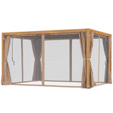 NatureScape Living's wooden louvered top pergola with light brown retractable curtains and mesh screens for outdoor entertaining.