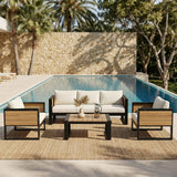 NatureScape Living's large 4-piece aluminum frame patio set, including a 3-seater sofa with beige cushions, by a pool.