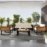 NatureScape Living's beige 4-piece aluminum frame outdoor patio set with a 3-seater sofa, two armchairs, and coffee table.