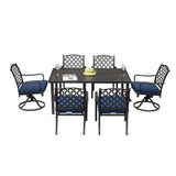 NatureScape 7-piece metal outdoor dining set features a table and chairs with intricate backs and blue cushions.