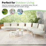 TOPMAX 8-piece half-moon outdoor patio sectional with beige cushions and white tables, ideal for modern outdoor living spaces.