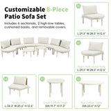 Customizable TOPMAX 8-piece half-moon patio sofa set featuring beige cushioned sectionals and two high-low coffee tables.