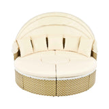 A TOPMAX beige round patio furniture daybed features a retractable canopy and a woven rattan base.