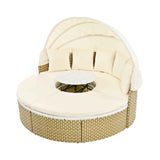 TOPMAX round patio daybed with beige cushions, retractable canopy, and a light brown rattan base, perfect for outdoor relaxation.