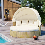 TOPMAX Round Patio Furniture Daybed with Canopy in beige, woven and cushioned, on a wooden deck by a pool.