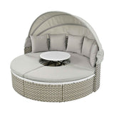 Gray TOPMAX Round Rattan Daybed Set with retractable canopy, modular cushions, and central white table.