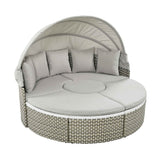 NatureScape Living's gray TOPMAX Round Rattan Daybed Set with retractable canopy and segmented cushions.
