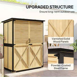 NatureScape Living's durable outdoor storage shed features varnished solid wood panels and a black powder-coated steel frame.
