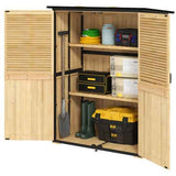 NatureScape Living's open wooden Outdoor Storage Shed, a durable garden tool house, with shelves neatly organizing tools, hoses, and boots.