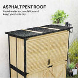 Outdoor Storage Shed with light wooden doors, black trim, and a black asphalt pent roof to avoid water accumulation.