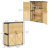 Light wood and black-framed Outdoor Storage Shed with louvered and X-pattern doors, shelves, dimensions visible.