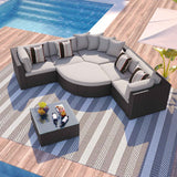 GO 7-piece brown rattan lounger with beige cushions and striped pillows on a striped rug by a pool.
