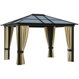A stylish NatureScape Living patio gazebo with a dark frame, peaked roof, and light tan tied-back curtains.
