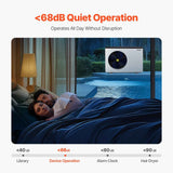 A NatureScape Living Electric Pool Heating Pump operates quietly at <68dB beside a pool at night, as a couple sleeps soundly inside.