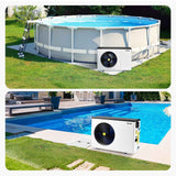 A white Electric Pool Heating Pump with a black circular fan, shown by an above-ground pool and an in-ground pool in a backyard.