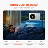 A white 22,250 BTU pool heat pump operates quietly at <60dB by a pool, with a couple sleeping in an adjacent bedroom.