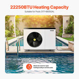 A white VEVOR 22,250 BTU Pool Heat Pump, suitable for pools up to 6605 gallons, sits by a sunny blue pool.
