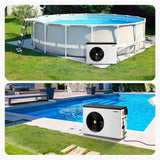 A white VEVOR 22,250 BTU electric pool heat pump with a black fan is shown with both an above-ground pool and an in-ground pool.