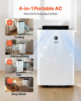 A white VEVOR 12000 BTU 4-in-1 portable air conditioner blows cool air, with insets demonstrating cooling, dehumidifying, fan, and sleep modes.