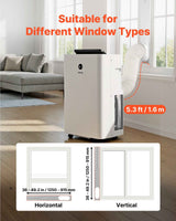A Vevor portable air conditioner in a living room shows its 5.3ft hose, suitable for different horizontal and vertical window types.