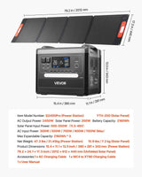 A dark gray VEVOR 2400W portable solar generator with a digital display and its unfolded solar panel are displayed.