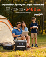 VEVOR 2400W portable power station and battery pack, providing 6480Wh expandable capacity for a family camping with a laptop and drone.