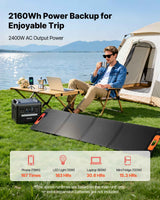 A VEVOR 2400W Portable Power Station and solar panel provide 2160Wh power backup for a man camping by a lake.