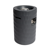 A dark gray cylindrical outdoor gas patio fire pit from NatureScape Living, featuring a textured design and side controls.