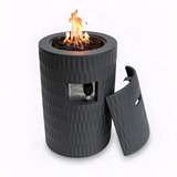 NatureScape Living 26" Propane Fire Pit, a textured charcoal outdoor gas patio fire pit with flames and open hidden tank storage.