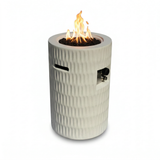 A modern white NatureScape Living 26" Propane Patio Fire Pit features a textured exterior, burning flames, and a control knob.