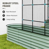 NatureScape Living's green raised garden bed with black wire trellis, highlighting its robust, rust and water-resistant steel frame.