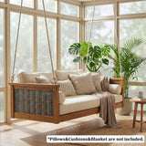 TOPMAX Acacia Wood Swing Bed featuring natural wood, gray woven panel, & cream cushions (pillows, cushions, & blanket not included).