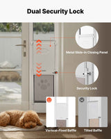 The NatureScape Living Sliding Glass Dog Door highlights its dual security lock and metal slide-in closing panel, with a resting poodle.