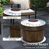 Smokeless fire pit with a wood grain magnesium oxide shell and stainless steel top, outdoor-ready to endure heat and weather.