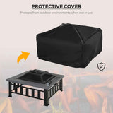 NatureScape Living's square steel fire pit is shown with its black protective cover, advertised for protecting from outdoor elements.