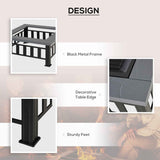 Design details for the 34" Square Wood Burning Fire Pit show its black metal frame, decorative gray table edge, and sturdy feet.